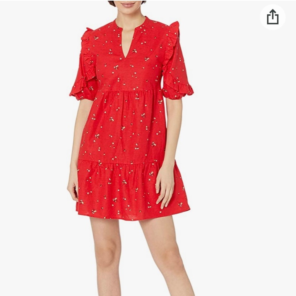 NWT- Red Linen Elbow Sleeve Split Neck Tiered Dress